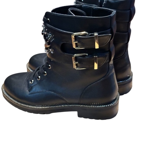 Kurt Geiger Black Leather Sutton Rhinestone Embellished Eye Combat Boot  Size 6 - Picture 6 of 12